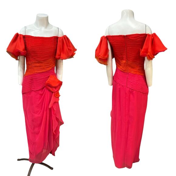 Vintage Lillie Rubin Off Shoulder Evening Gown Red Pink Ruched Chiffon / Size 8 - Picture 3 of 5